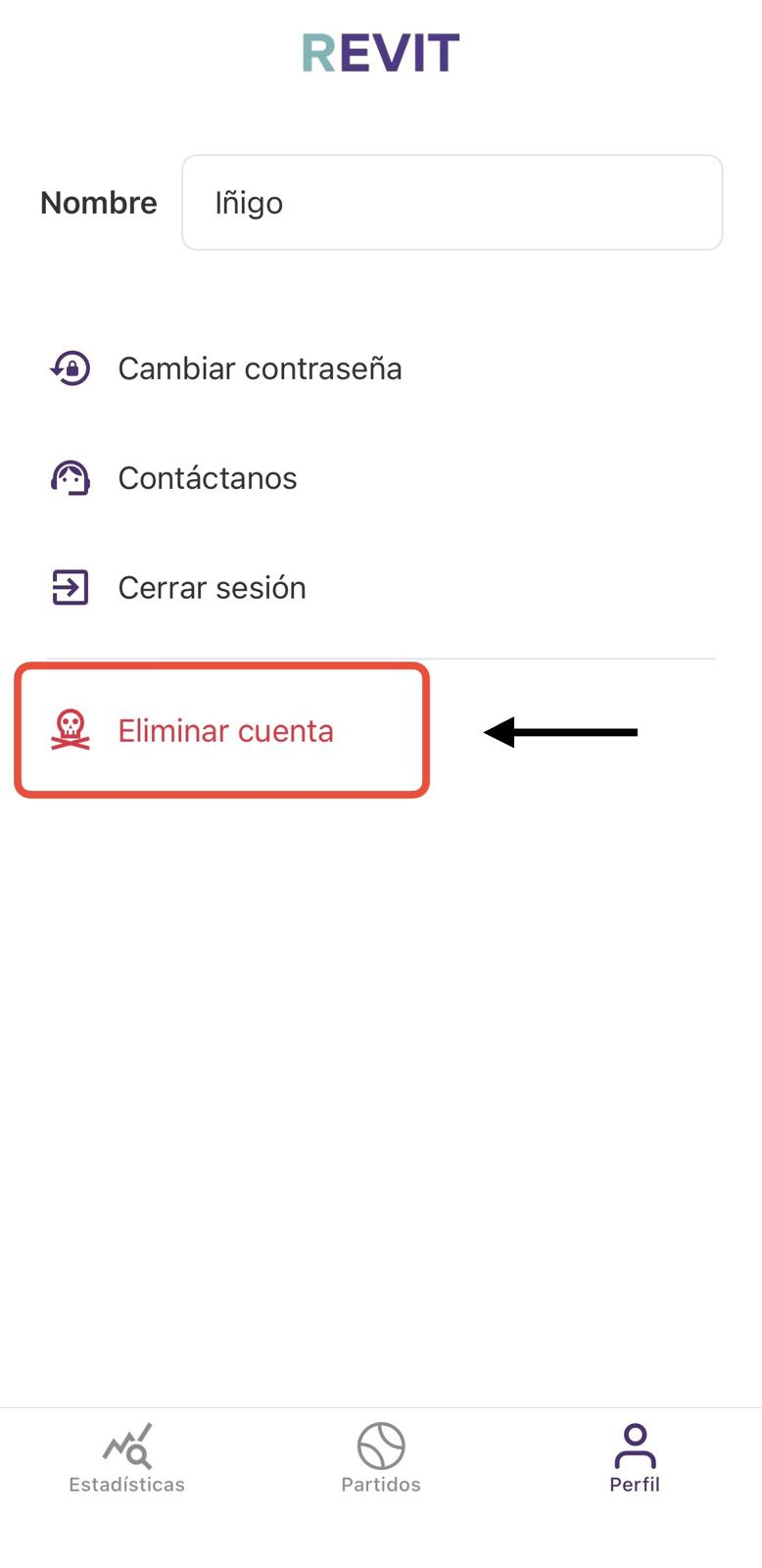 Pantalla de perfil de la app REVIT mostrando el botón de "Eliminar cuenta"